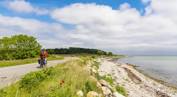 En cyklist njuter av en vacker dag längs en kustväg, en av många cykelleder i Danmark. Havet glittrar bredvid den steniga stranden.
