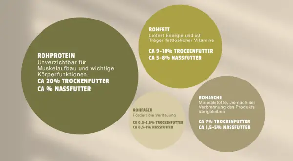 Grafik zeigt Nährwerte für Hundefutter. Rohfaser fördert die Verdauung: ca. 0,5-2,5% im Trockenfutter, 0,5-2% im Nassfutter.