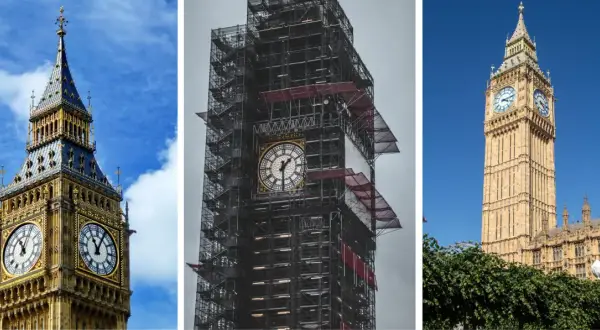 Trzy ujęcia Big Bena: w pełnej krasie, w rusztowaniach podczas renowacji i z fragmentem Pałacu Westminsterskiego. Ciekawe big ben ciekawostki.
