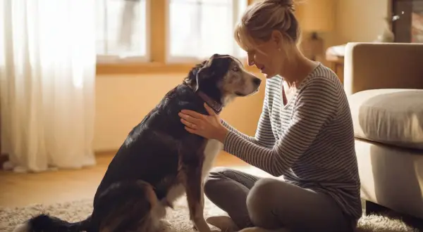 Mujer acaricia a su perro, un momento tierno antes de tener que sacrificar perro.