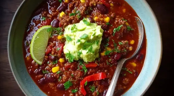 En skål med mustig chili con carne, toppad med guacamole, lime och koriander. Ett perfekt chili recept för en kall kväll.