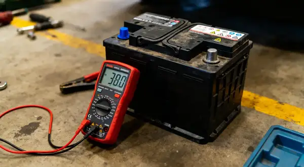 Un multimètre rouge affiche 38.0V, mesurant la tension d'une batterie de voiture dans un atelier.