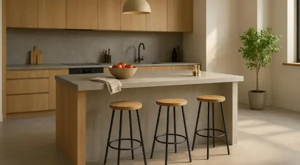 Cocina moderna con encimera microcemento, gabinetes de madera y taburetes.