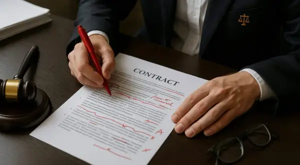 Prawnik w garniturze pisze czerwonym długopisem po dokumencie "CONTRACT". Obok młotek sędziowski i okulary.