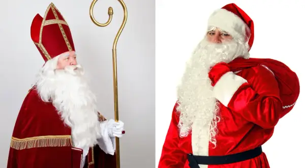 Links: Nikolaus mit Mitra und Stab, rechts Weihnachtsmann mit Sack. Die Darstellung zeigt den Ursprung des Nikolaus.