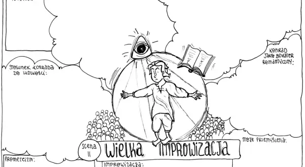 Konrad w Wielkiej Improwizacji, w centrum sceny, pod okiem Opatrzności. Myśli o Bogu, ludziach, jest wieszczem i bohaterem romantycznym.