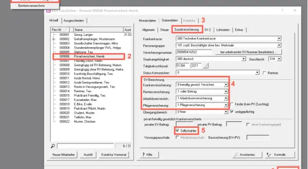 Henrik ist ab wann freiwillig gesetzlich versichert? Die Software zeigt seine Sozialversicherungsdaten an.