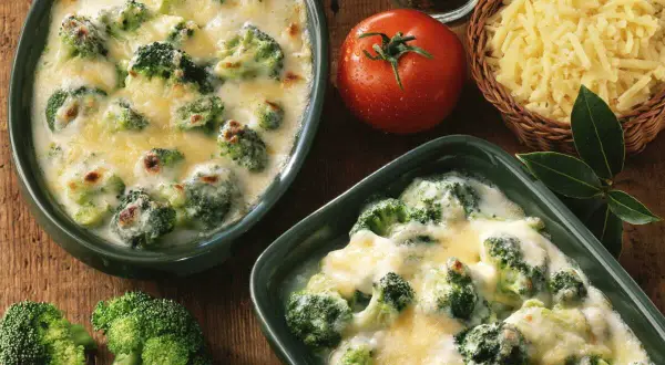 Deux plats de gratin de brocolis crémeux et gratinés, accompagnés de brocolis frais, d'une tomate et de fromage râpé.