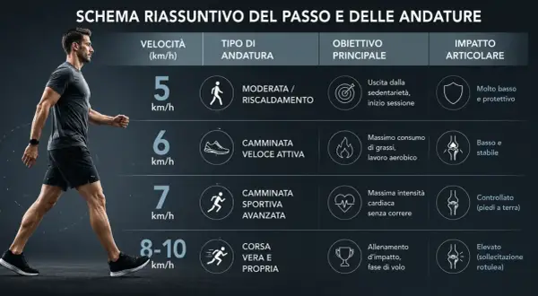 Schema su come si cammina a diverse velocità: da riscaldamento a corsa, con impatto articolare variabile.