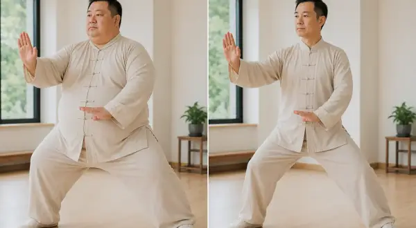 Uomo prima e dopo aver praticato tai chi per dimagrire. La pratica costante porta a un fisico più snello e tonico.