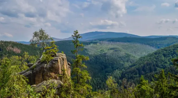 Felsformation mit Bäumen im Vordergrund, im Hintergrund bewaldete Hügel und Berge. Ein echter **Geheimtipp Bad Harzburg** für Naturliebhaber.