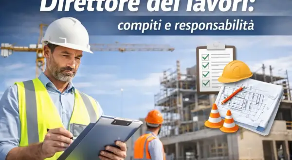 Direttore dei lavori: un uomo con casco e giubbotto ad alta visibilità esamina documenti in un cantiere. Compiti e responsabilità.