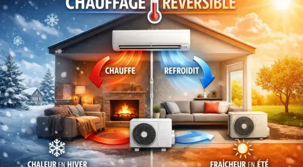 Une maison divisée : d'un côté, le chauffage réversible réchauffe un salon cosy en hiver. De l'autre, il rafraîchit en été.