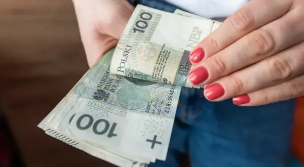 Dłonie z czerwonymi paznokciami trzymają stos banknotów 100 zł. To polska stopa referencyjna NBP.