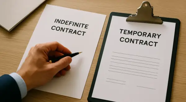 Mano con bolígrafo frente a un contrato indefinido y otro temporal. La elección es crucial para el futuro laboral.