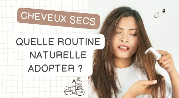 Femme se coiffant les cheveux secs avec un peigne, entourée d'illustrations de produits capillaires naturels.