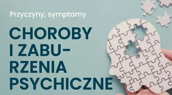 Głowa z puzzli z brakującymi elementami symbolizuje choroby psychiczne. Napis: "Przyczyny, symptomy chorób i zaburzeń psychicznych".