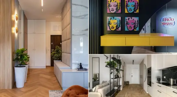 Przedpokój loft inspiracje: nowoczesne wnętrza z drewnianą podłogą, sztukaterią i designerskimi dodatkami.
