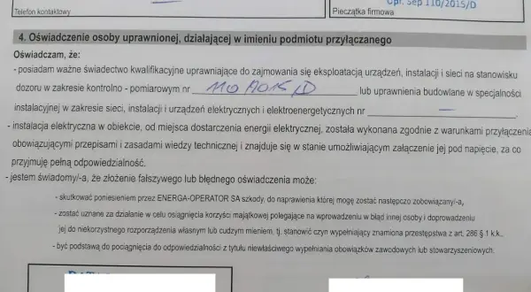 Oświadczenie osoby uprawnionej, potwierdzające posiadanie kwalifikacji i zgodność instalacji elektrycznej z przepisami. Dokument zawiera numer uprawnień i pieczątkę firmową.