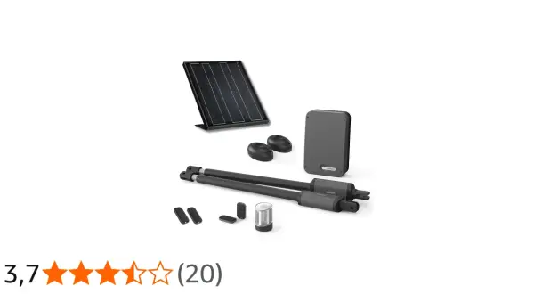 Kit motorisation portail Avidsen Styrka 310 : panneaux solaires, moteurs, boîtier de contrôle, télécommandes et photocellules.