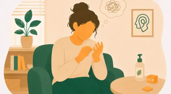 Kvinna med dermatillomani och ADHD sitter och plockar på sina naglar. En tankebubbla visar förvirring.
