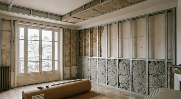 Travaux en cours pour isoler phoniquement cette pièce. Des ossatures métalliques sont installées sur les murs et le plafond, prêtes à accueillir l'isolant. Un rouleau de liège est au sol.