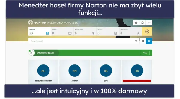 Norton Password Manager, darmowy menedżer haseł, prezentuje przejrzysty interfejs z listą loginów i opcją wyszukiwania.