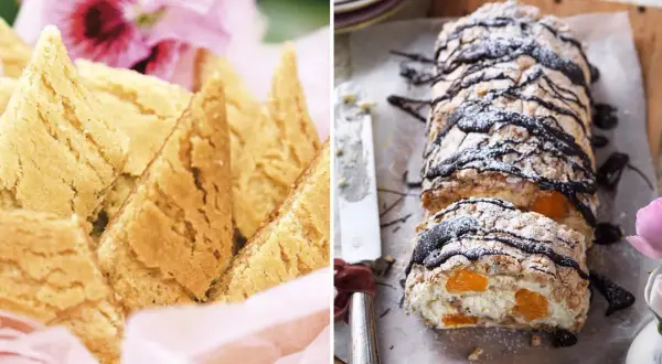 En lista med svenska kakor: gyllene drömmar och en rulltårta med aprikoser och choklad.