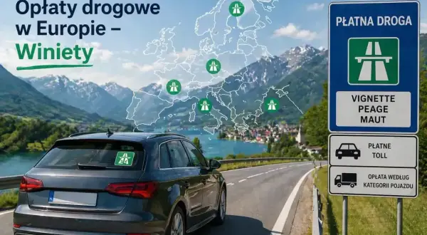 Samochód na drodze w górach, znak "Płatna droga" i mapa Europy z zaznaczonymi punktami opłat.