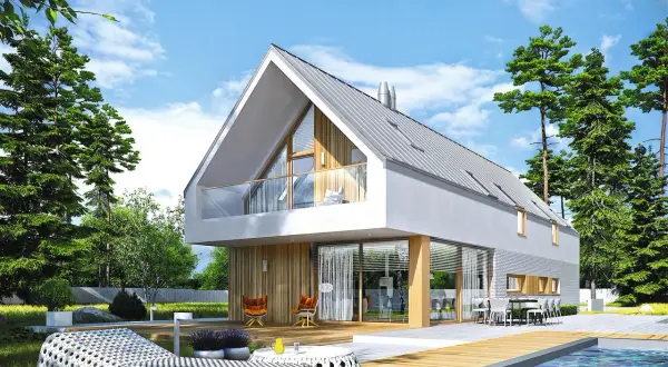 Nowoczesny projekt domu na wąską działkę z basenem i tarasem.