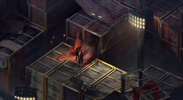 Dwie postacie stoją na zniszczonej platformie wśród kontenerów. Scena z Disco Elysium poradnik, mroczna i deszczowa.