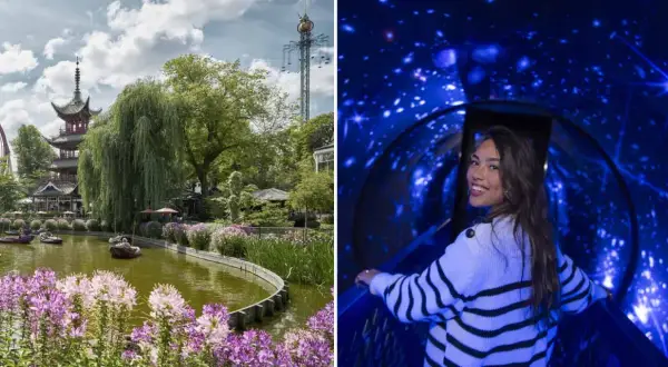En kvinna ler i en stjärnbeströdd tunnel, en kontrast till den lugna dammen med båtar och ett pagodliknande torn i bakgrunden av the tube copenhagen.