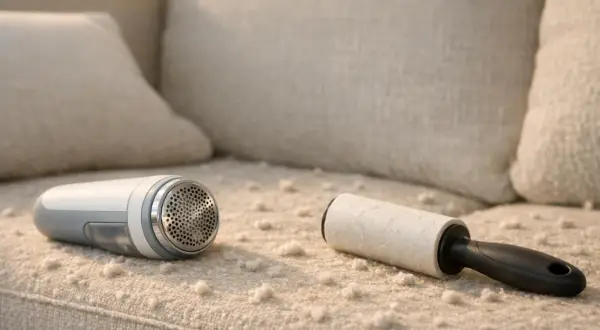Fusselrasierer und Fusselrolle liegen auf einem hellen Sofa mit Pilling.