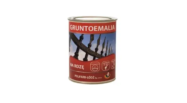 Puszka gruntoemalii do metalu "Na rdzę" z wizerunkiem ogrodzenia. Szybkoschnąca, wydajna.
