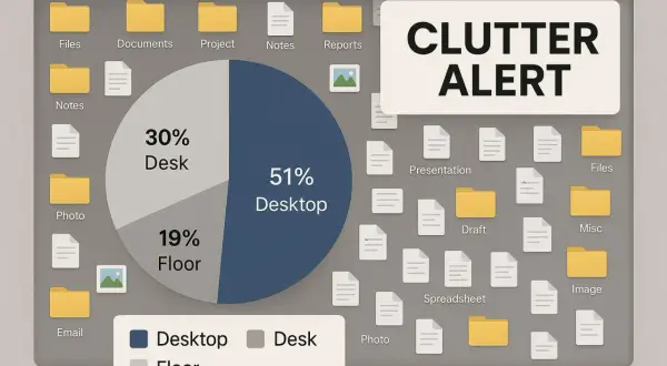 A pie chart shows 51% Desktop, 30% Desk, and 19% Floor, illustrating poor digital file management.