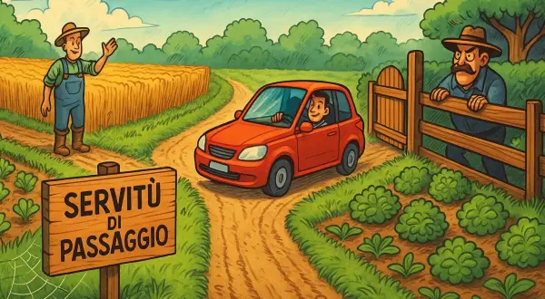 Un contadino saluta un'auto su una strada di campagna. Un cartello indica "Servitù di passaggio", mentre un altro contadino osserva da una staccionata.