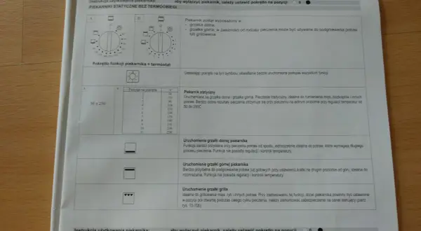 Fragment instrukcji obsługi piekarnika Ardo po polsku, opisujący funkcje i temperatury.