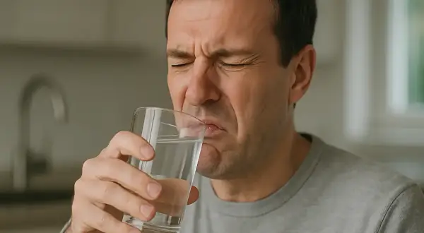 Un homme grimace en buvant un verre d'eau, visiblement déçu par le goût de l'eau chlorée.