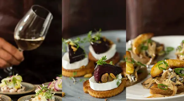 Små, eleganta tilltugg till bubbel: rödbetor med getost, räksallad och svampcanapéer. Perfekt för festen!