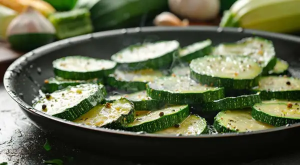 Tranches de courgettes sautées dans une poêle, dégageant une vapeur appétissante. Des grains de poivre noir parsèment les légumes verts.