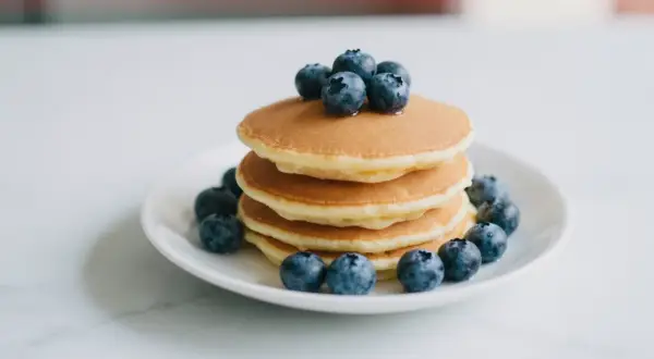 Stos puszystych pancakes z borówkami, ozdobiony świeżymi owocami. Idealne na słodkie śniadanie.