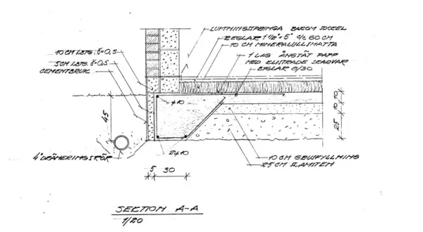 Detaljerad ritning av en betongplatta på mark konstruktion med isolering, dränering och sockel.