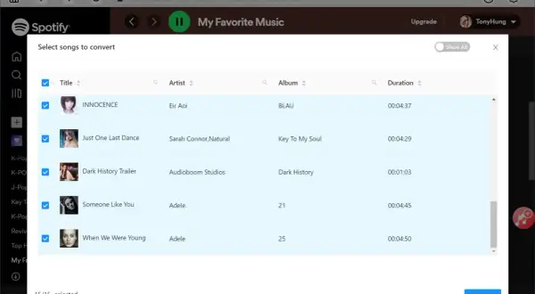 Lista utworów Spotify z zaznaczonymi do konwersji piosenkami, widok aplikacji UkeySoft Spotify Music Converter.