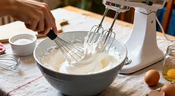Meringue en train d'être fouettée dans un bol, d'une blancheur en neige parfaite, prête pour un dessert aérien.