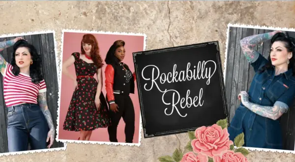 Tre kvinnor i rockabillystil. En bär en randig tröja och jeans, en annan en klänning med körsbärsmönster, och den tredje en rockabilly jacka med röda ärmar.