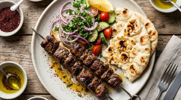 Kebab z grilla z sałatką, pitą i oliwą.
