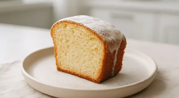 Puszysta babka z majonezem, polana lukrem, na talerzyku. Sprawdzony przepis na pyszne ciasto.