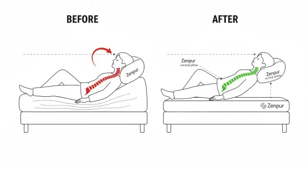 Avant/après : une mauvaise posture du dos devient droite grâce à l'oreiller cervical Zenpur.