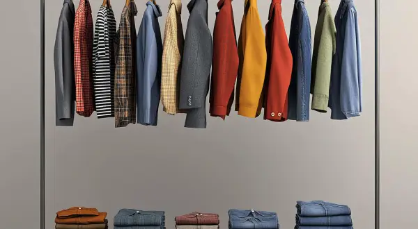 Eine Garderobe mit einer Auswahl an Hemden, Jacken und Jeans – perfekt für eine Capsule Wardrobe für Männer.