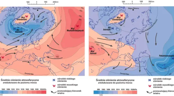 Mapy pokazują rozkład niskie ciśnienie atmosferyczne nad Europą i Arktyką. Widać ośrodki niżu islandzkiego i południowoazjatyckiego.